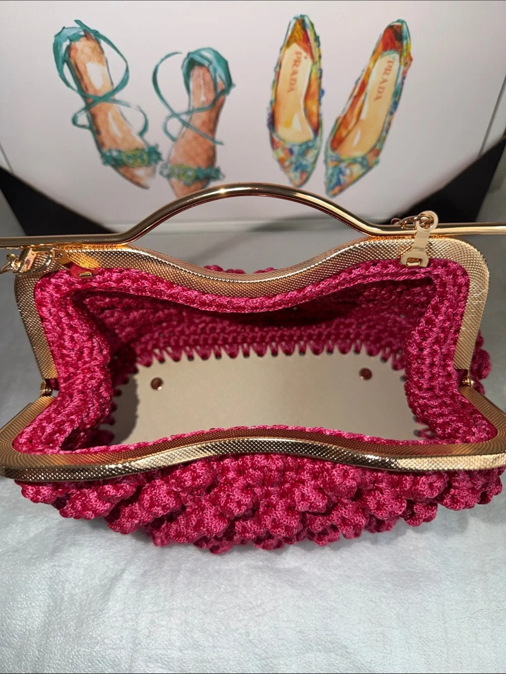 Pink Crochet Evening Clutch with Gold Chain Handle